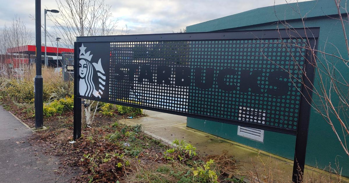 Photo of the newly installed signage at the new Starbucks drive-through coffee shop on Wetherby Road in Harrogate.